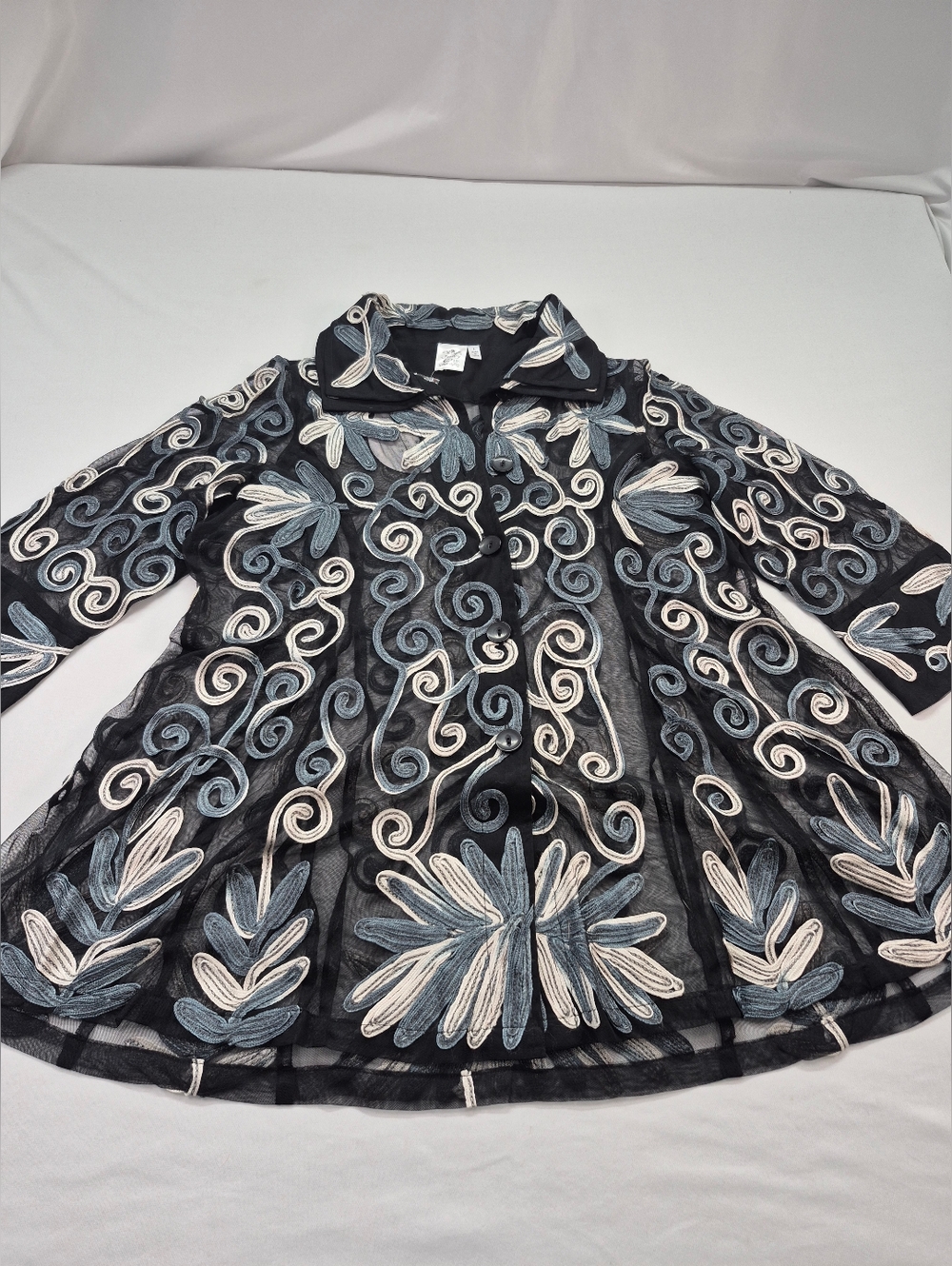 Parsley & Sage Women's L Londen Black Shear Scroll Embroidery Flare Jacket NWT